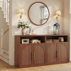 Fluted Buffet Cabinet with Storage, 31.5" Wide Wood Sideboard Credenza with Open Storage Shelf & Adjustable Shelves, Modern Kitchen Entryway Accent Table for Dining Room Living Room Hallway, Walnut