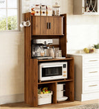 Kitchen Bakers Rack,Coffee Bar with Fluted Sliding Door,5 Tier Free Standing Kitchen Shelves Rack with 6 Hooks and Cable Holes,Microwave Stand for Small Spaces,Kitchen,Living Room
