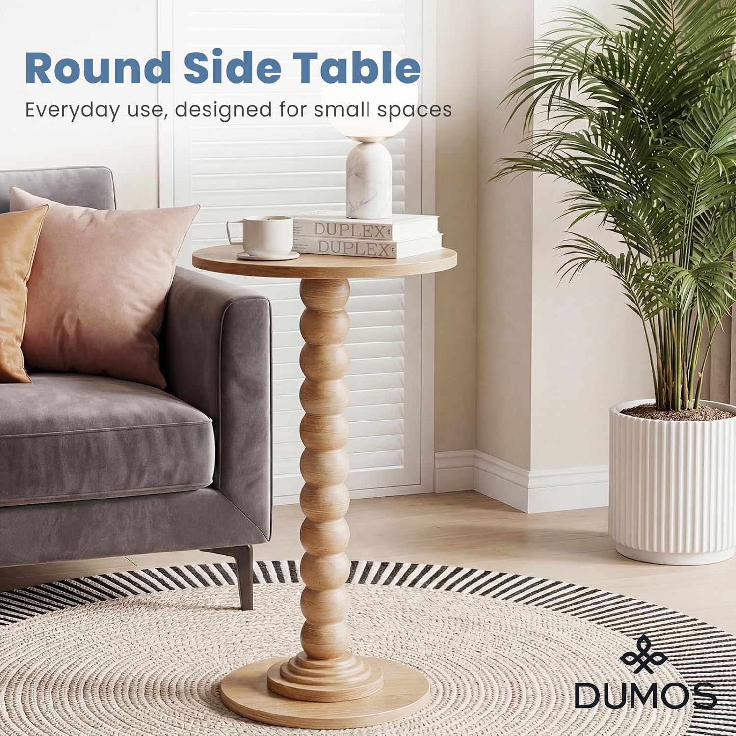 DUMOS Round Side Table for Small Spaces, Wood Modern Modern Accent End Table with Solid Wood Leg, Versatile Drink Nightstand for Living Room, Bedroom, Corners and Office