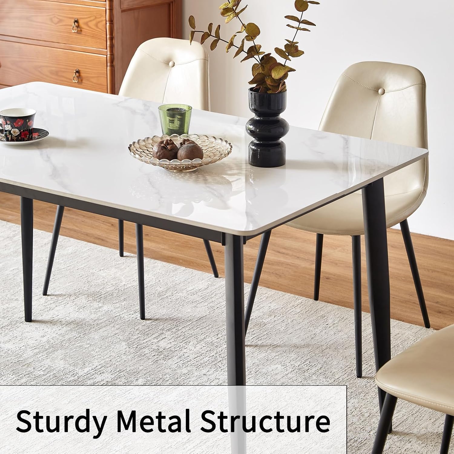 Sintered Stone Dining Table, Faux Marble Dining Table for 4-6 People, 55" Rectangular White Kitchen Table with Porcelain Table Top and Metal Legs for Living Room(1 Table Only)