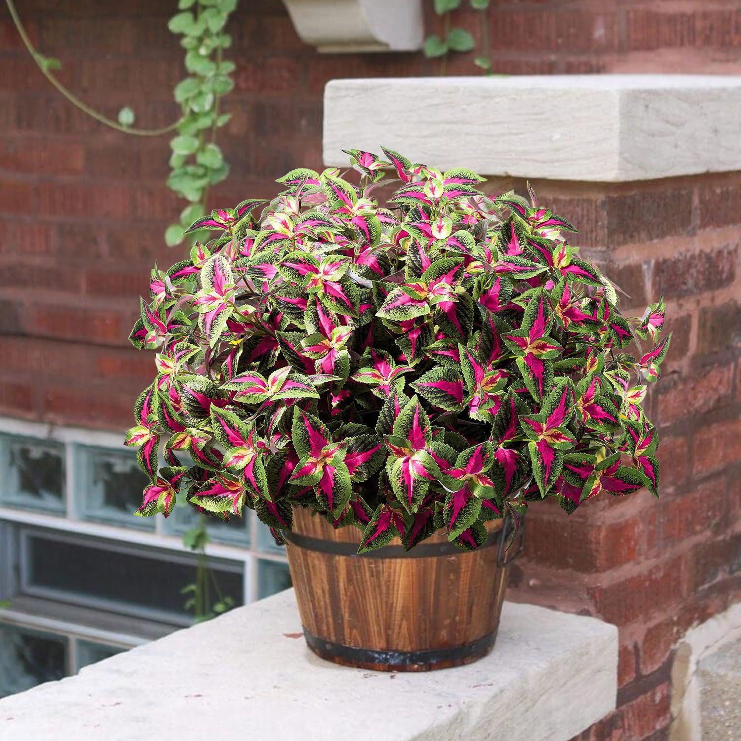 Artificial Plants Outdoor, 5 Bundles Faux Coleus Plants UV Resistant Fake Silk Greenery Leaves with Stems for Outside Front Porch Patio Garden Planter Decoration (Red)