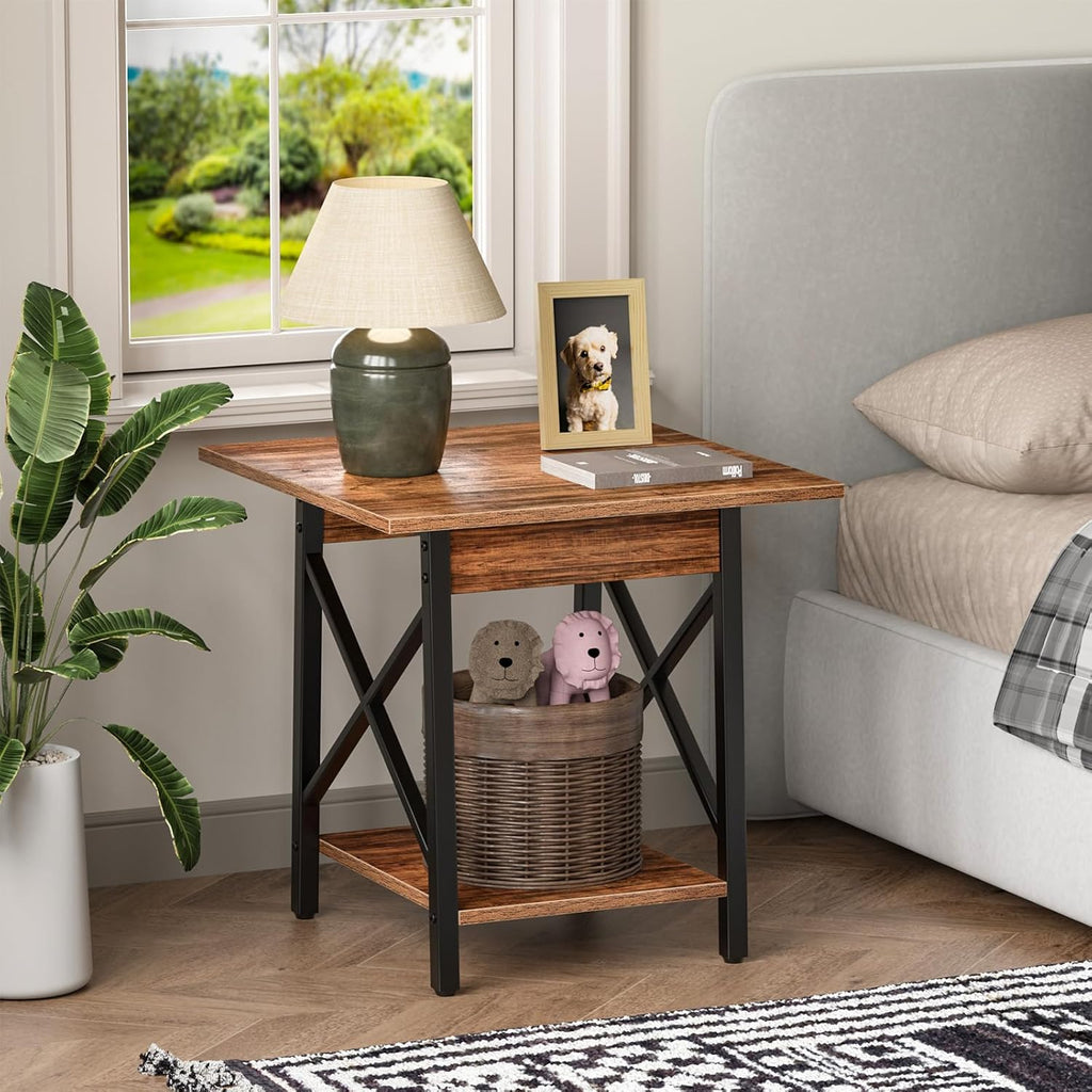 GreenForest Square End Table for Living Room, 20 Inch Large Side Table with X-Frame, Farmhouse Tall Bedside Nightstand with 2-Tier Storage Shelf, Rustic Walnut