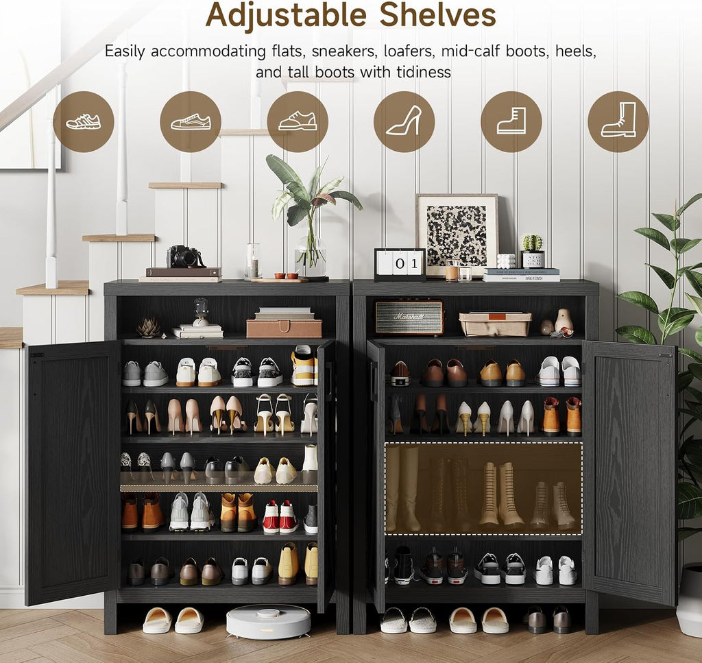 ONBRILL 6-Tier Shoe Cabinet with Doors, Farmhouse Shoe Storage Cabinet with Adjustable Shelves, Large Capacity Wooden Shoe Rack Organizer for Entryway, Hallway, Living Room (Black)
