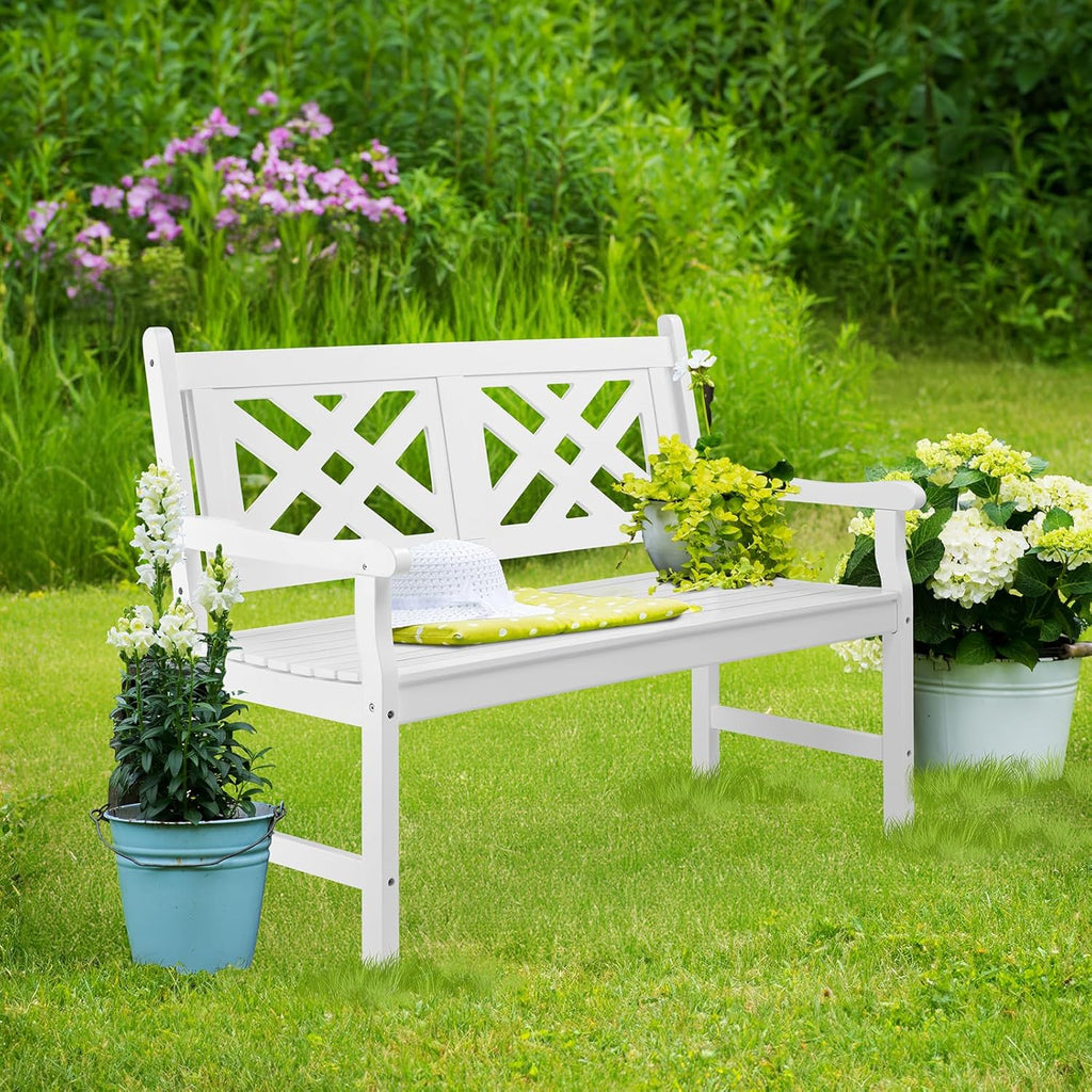 VINGLI 50" Outdoor Wood Bench, Weatehr Resistant Wooden Garden Patio Bench with Comfortable Backrest & Curved Armrest, 800lb Capacity Loveseat for Front Porch Park Yard Deck (White, Geometric)