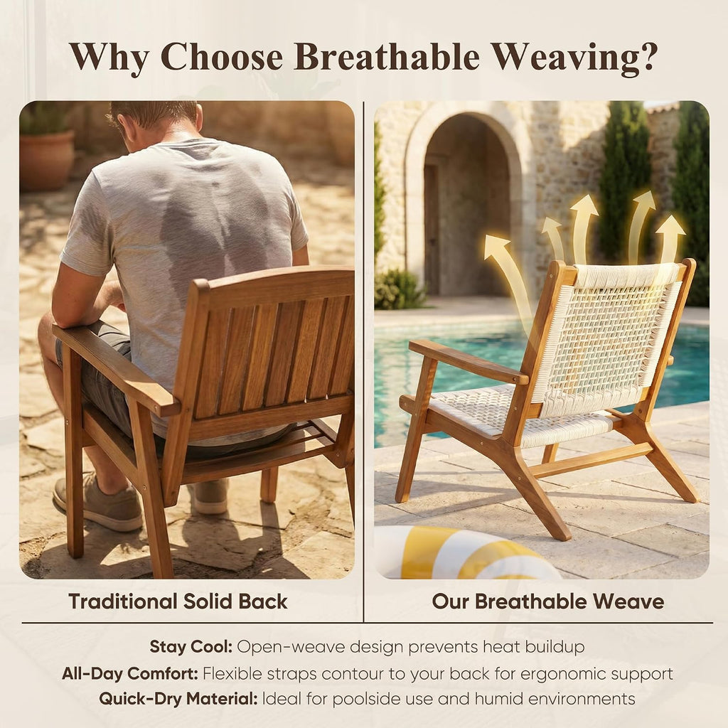Devoko Patio Chairs, Adirondack Chairs Set of 2, Acacia Wood Outdoor Chairs with Woven Rope Seat for Porch, Poolside, Backyard, Beige