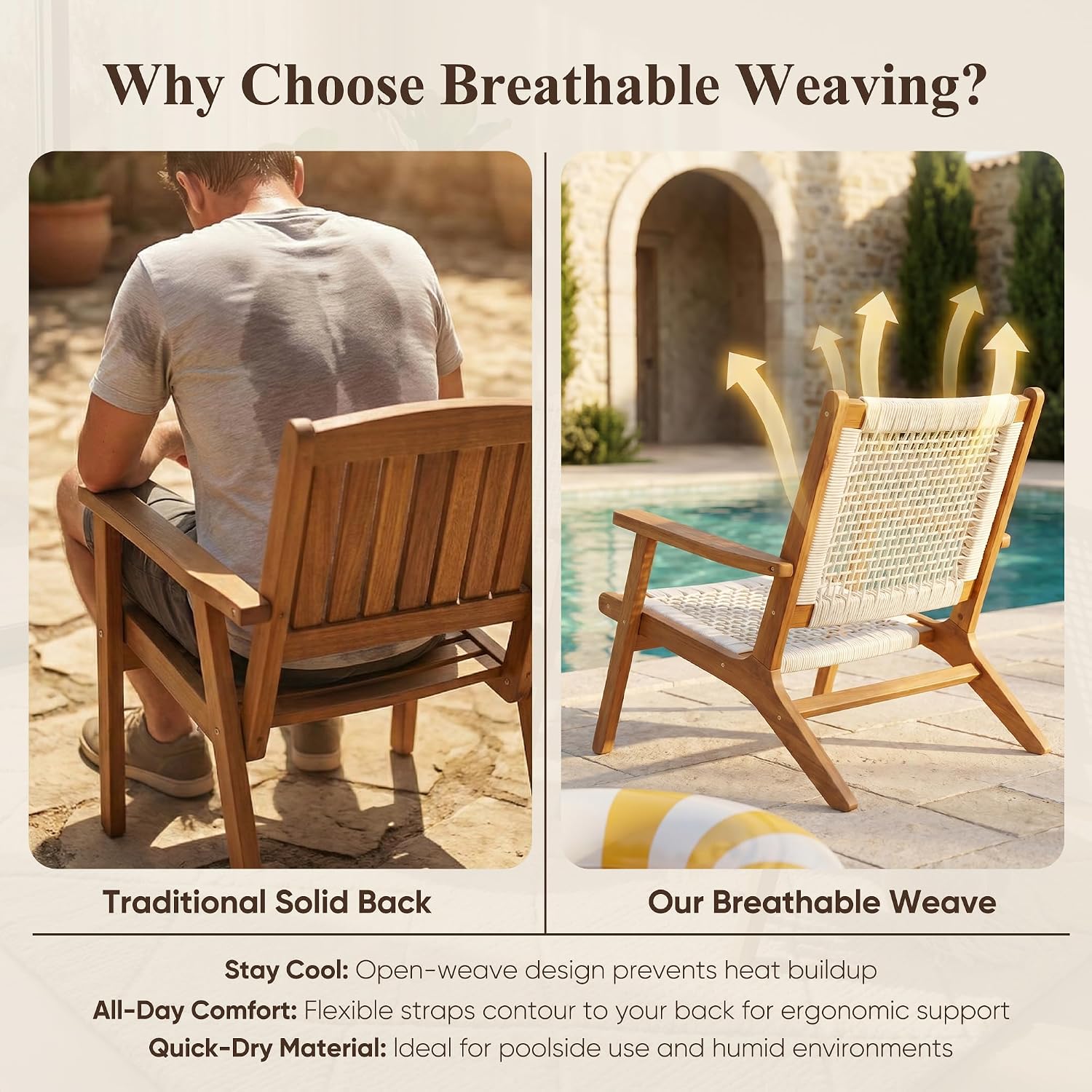 Devoko Patio Chairs, Adirondack Chairs Set of 2, Acacia Wood Outdoor Chairs with Woven Rope Seat for Porch, Poolside, Backyard, Beige