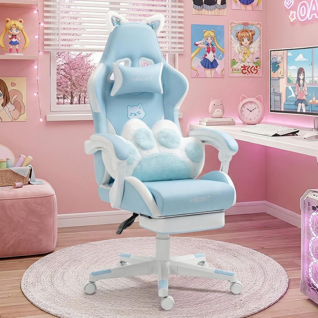 Ergonomic Kawaii Desk Chair with Cat Paw Lumbar Cushion and Cat Ears, Cute Pink Computer Chair with Footrest, PC Video Anime Gaming Chairs Recliner for Kids, Girls, Teens (Blue, Cat Chair)