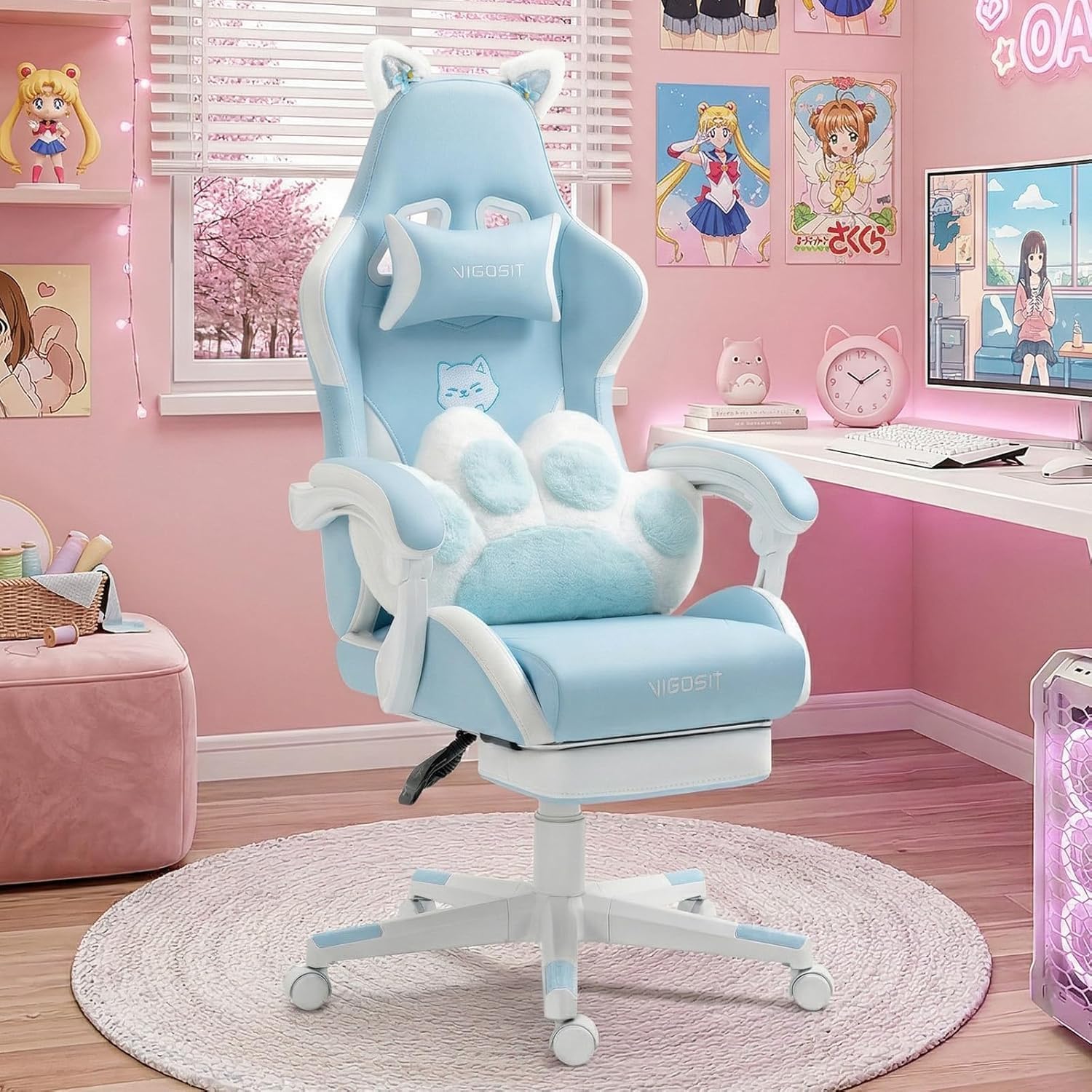 Ergonomic Kawaii Desk Chair with Cat Paw Lumbar Cushion and Cat Ears, Cute Pink Computer Chair with Footrest, PC Video Anime Gaming Chairs Recliner for Kids, Girls, Teens (Blue, Cat Chair)
