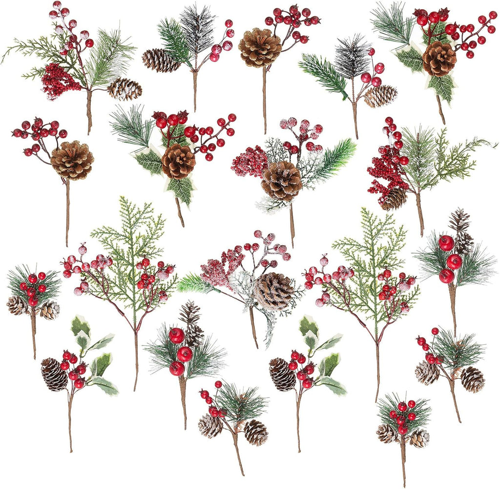 Crafare 20 Pack Artificial Christmas Tree Picks Assorted Red Berry Pine Picks Spray with Pinecones Apples Holly Leaves Winter Holiday Season Déco
