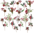 Crafare 20 Pack Artificial Christmas Tree Picks Assorted Red Berry Pine Picks Spray with Pinecones Apples Holly Leaves Winter Holiday Season Déco