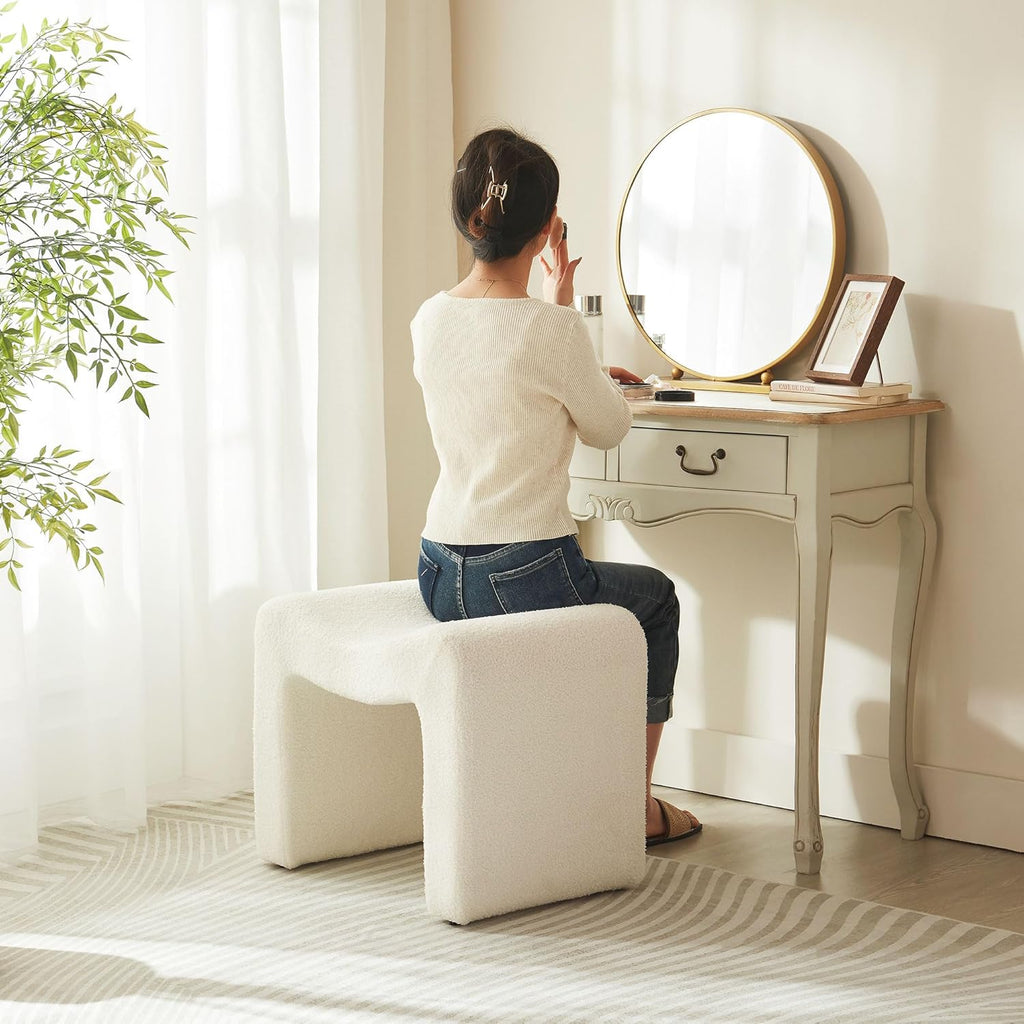 Ottoman Vanity Stool Chair Small Footstool Seating Backless Modern Foot Rest Teddy Velvet Ottoman for Makeup Room Living Room Bedroom Entryway,White (Single 1)