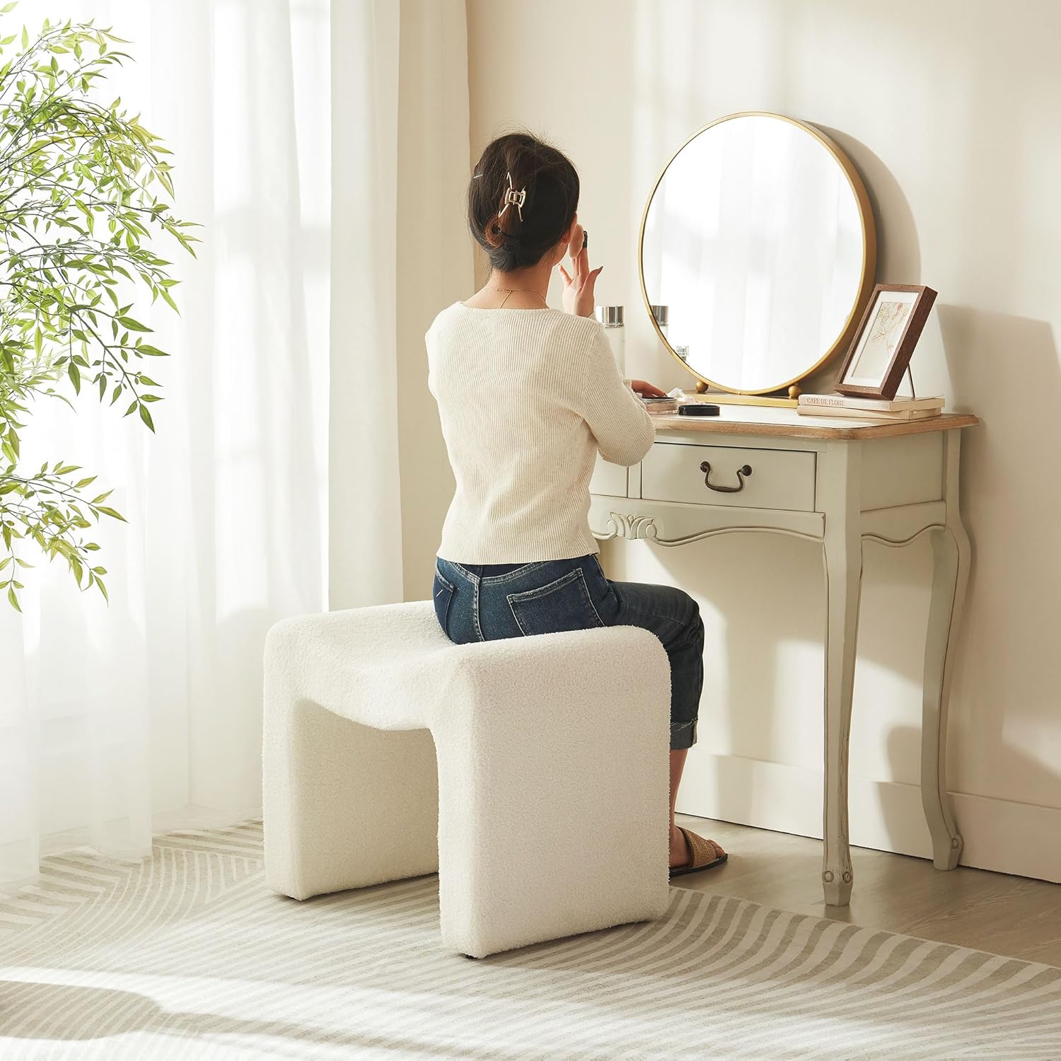Ottoman Vanity Stool Chair Small Footstool Seating Backless Modern Foot Rest Teddy Velvet Ottoman for Makeup Room Living Room Bedroom Entryway,White (Single 1)