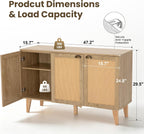 GREEN PARTY 47" Rattan Sideboard Buffet Cabinet with Storage, 3-Door Boho Coffee Bar Cabinet, Kitchen Storage Cabinet with Adjustable Shelves for Dining Room, Living Room, Entryway
