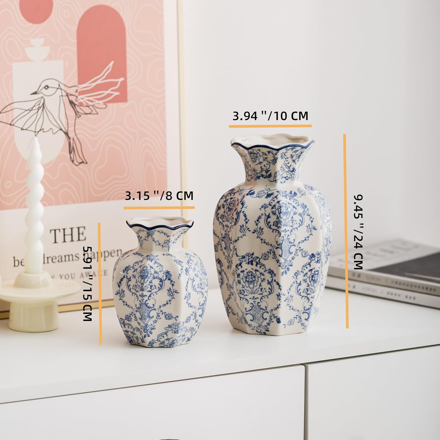 Blue and White Vase, Vintage Blue Ceramic Flower Vessel,Ceramic vases for Home Decor,Vintage Green and Beige for Console Table Mantle Chinoiserie Decor (Blue and White-01, Large)