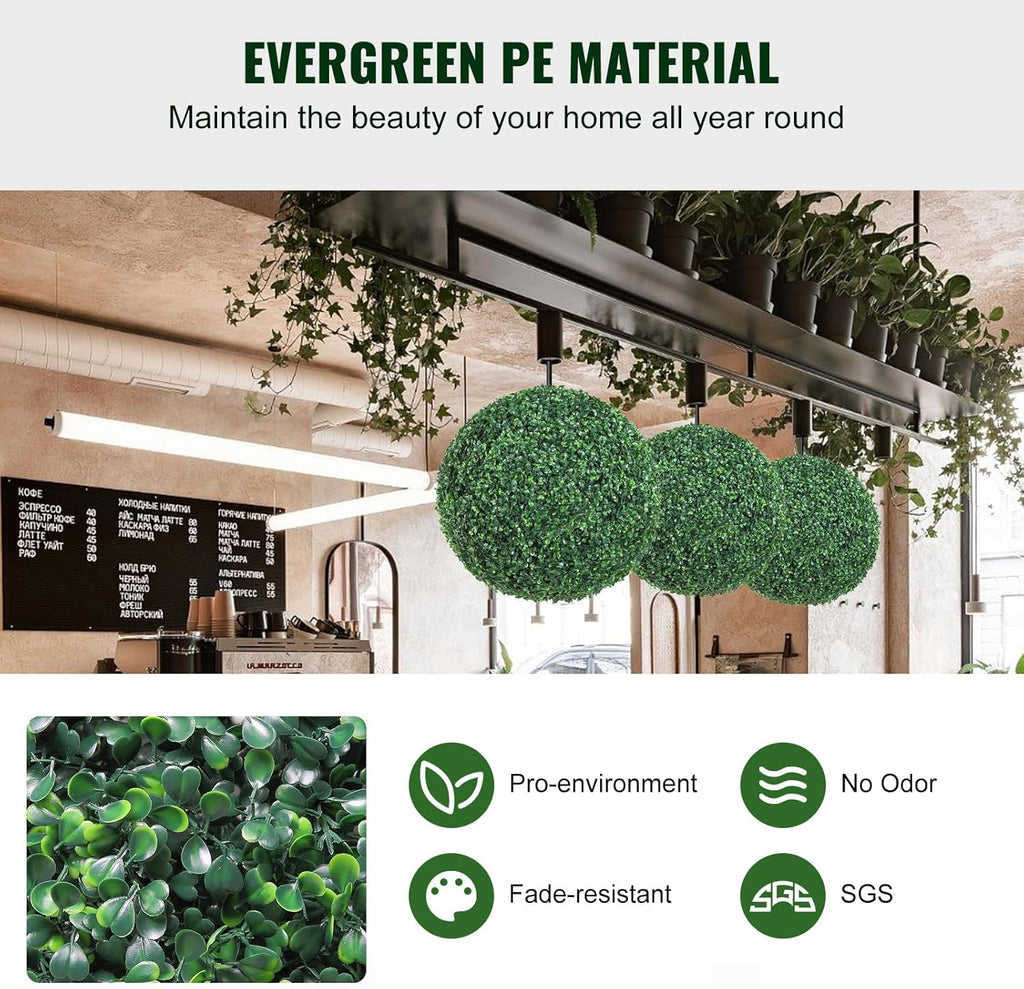 VEVOR 2 Pcs 20” Artificial Plant Topiary Ball, Faux Boxwood Balls with 2 LED Light String, All-Year Green Faux Plant Decorative Balls for Backyard, Balcony,Garden, Wedding and Home Décor