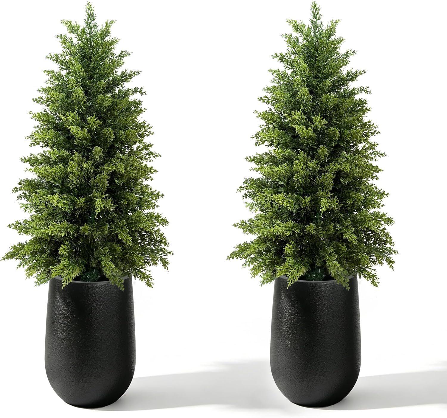 Mavis's Diary 4FT Artificial Cedar Topiary Tree, Set of 2 Realistic Faux Evergreen in Black Bullet Planter + Fillable Water Bag, Indoor Outdoor Fake Cedar for Front Porch Entryway Office Home Decor