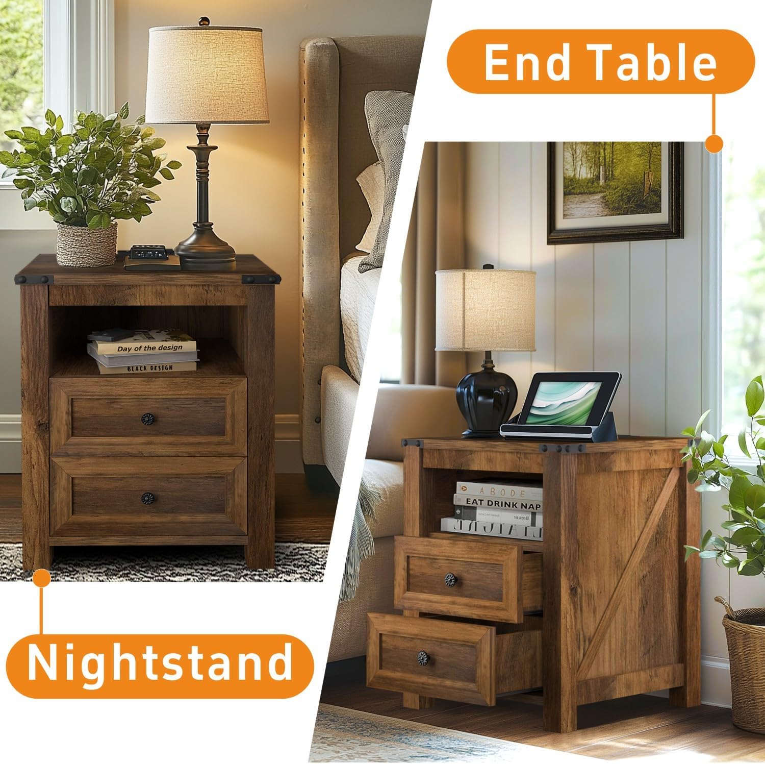 MUUEGM Night Stand with Charging Station, 18'' Rustic Nightstand with 2 Storage Drawers and Open Shelves, Modern Wood End Tables for Bedroom, Living Room, Closet, Office, Brown Nightstands