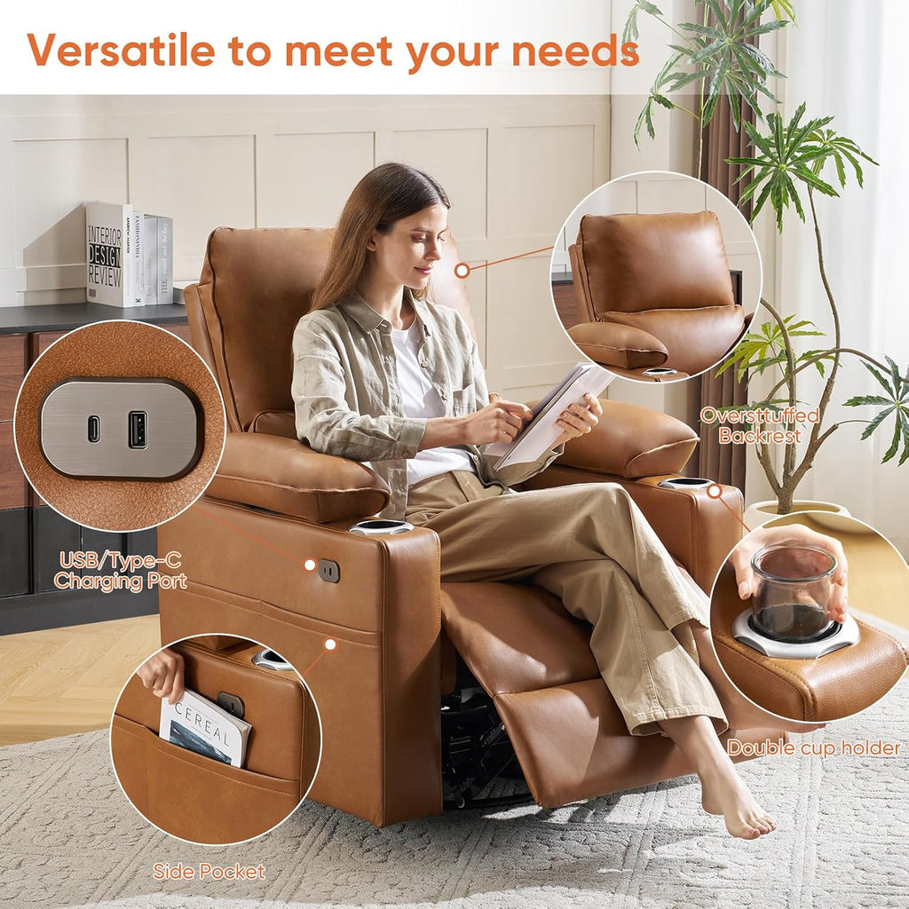270 Swivel Rocker Recliner with Adjustable Memory Armrests, Oversized Power Nursery Recliner with Heating and Massage, Rocking Chair with One-Touch Reset, Double Cup Holder, Faux Leather, Camel
