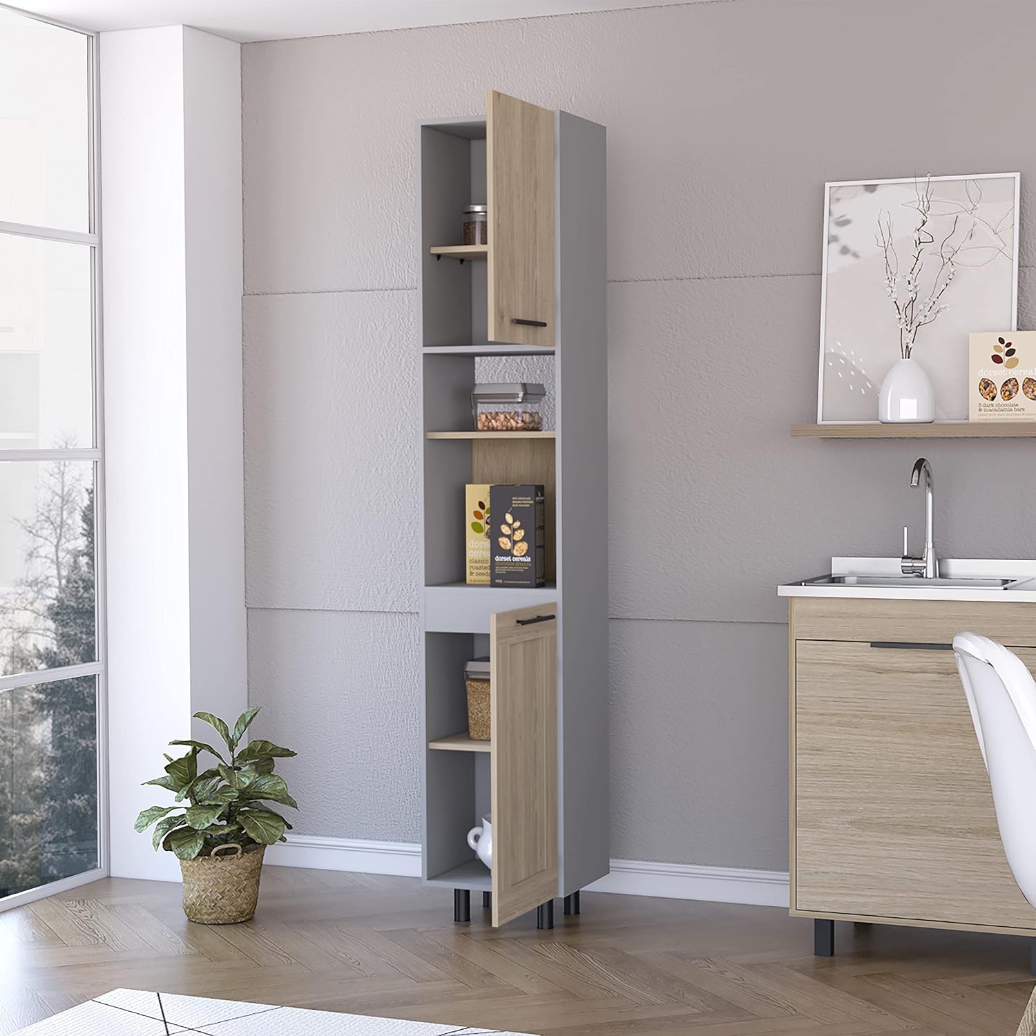 2-Door 2-Shelf Kitchen Pantry Light Pine and Gray,Buffet Kitchen Sideboard,for Kitchen,Dining Room,13.58 * 15.75 * 82.05
