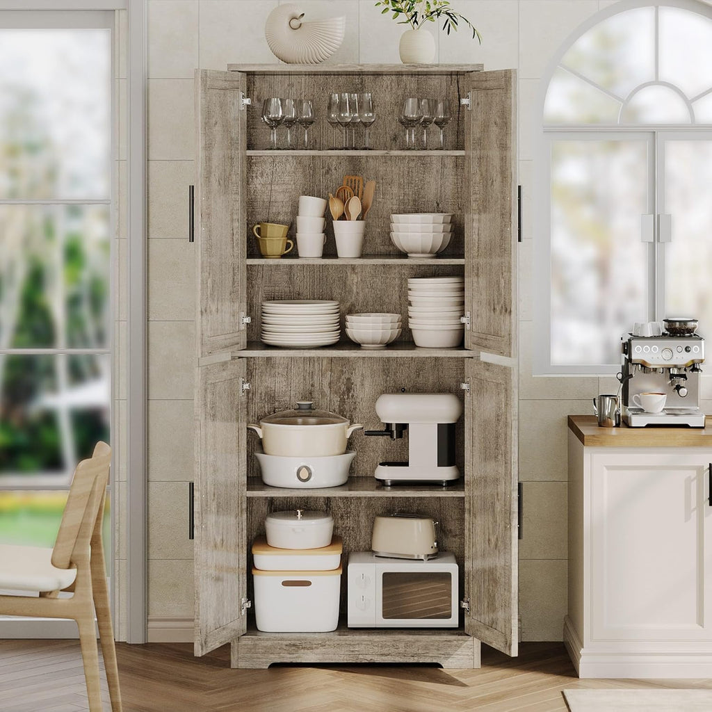 IDEALHOUSE Pantry Cabinet,70" Tall Kitchen Pantry Cabinet with 4 Doors and 3 Adjustable Shelves, Freestanding Cupboard, Modern Storage Cabinet for Bathroom, Dining Room, Living Room, Gray
