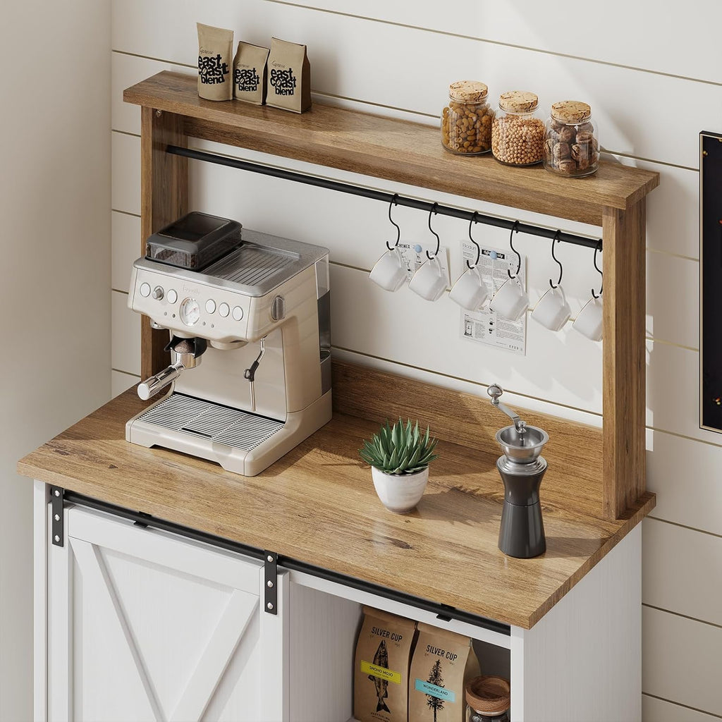 4ever2buy Farmhouse Coffee Bar with Hutch, White Coffee Bar Cabinet with Storage Sliding Barn Door, 31 Inch Buffet Cabinet with 6 Hooks, Coffee Bar Table with Adjustable Shelves for Living Dining Room
