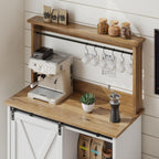 4ever2buy Farmhouse Coffee Bar with Hutch, White Coffee Bar Cabinet with Storage Sliding Barn Door, 31 Inch Buffet Cabinet with 6 Hooks, Coffee Bar Table with Adjustable Shelves for Living Dining Room