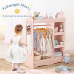 Curipeer Kids Dress up Storage with Mirror, Kids Wardrobe with Storage & 3 Hooks, Kids Closet for Girls Boys, Kids Costume Organizer, Open Hanging Armoire Wardrobe Closet for Bedroom, Pink