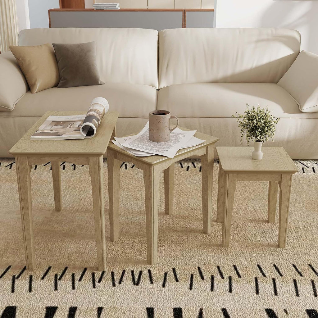 Kmax Nesting Tables Set of 3, Small Sofa Side Table Rustic Stacking End Table Rectangle Solid Wood Coffee Tables for Small Space - Ashes White