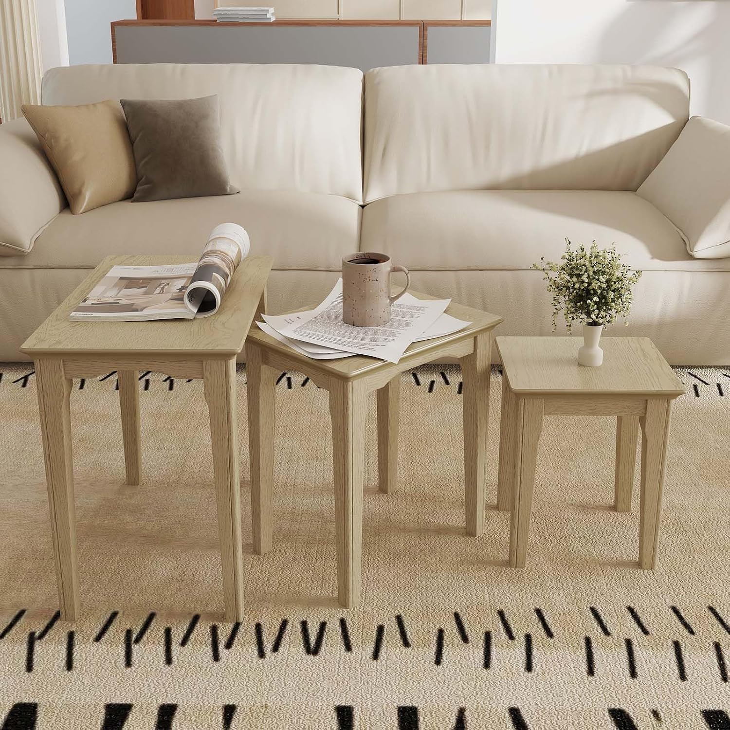 Kmax Nesting Tables Set of 3, Small Sofa Side Table Rustic Stacking End Table Rectangle Solid Wood Coffee Tables for Small Space - Ashes White