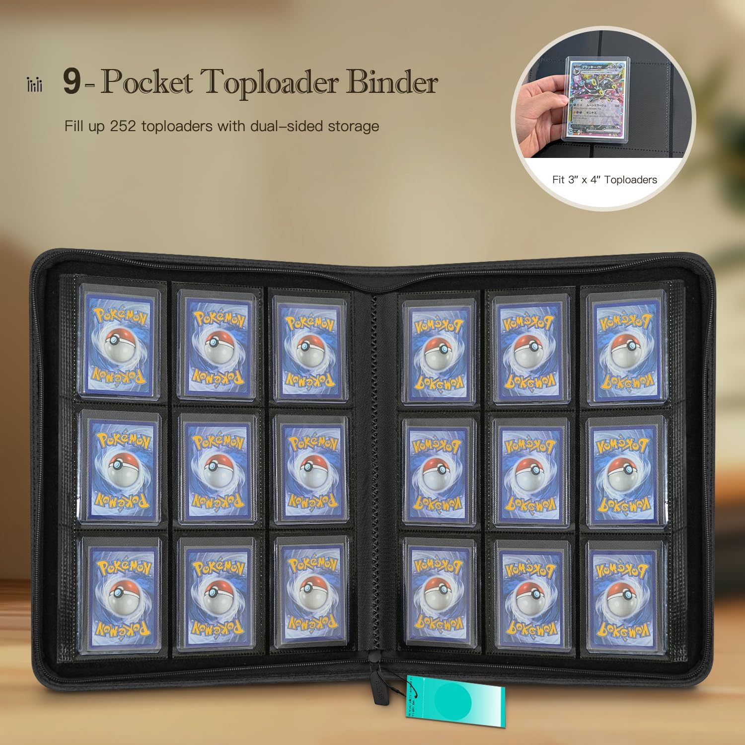 Ravaver Toploader Binder, Oversized 9 Pocket 252 Top loaders Holder with Customizable Label Slot and Side-Loading Sleeves for Trading Cards in 3" x 4" Toploader (Black)