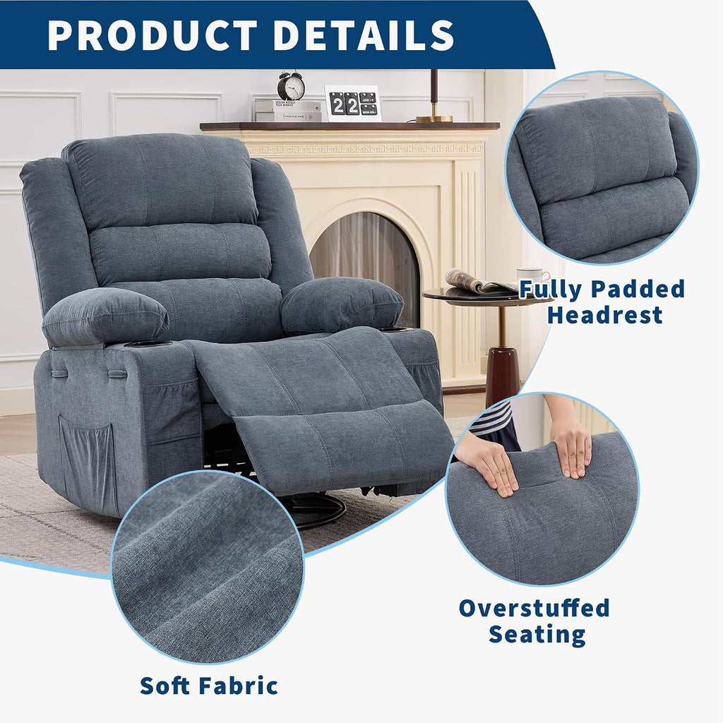 Garvee Rocking Recliner Chair Lazy boy Swivel Nursery Rocker for Adults | Wide 360° Recliner with Cup Holder Glider with Upholstered Deep Seat Linen Lazy boy chair for Living Room Blue