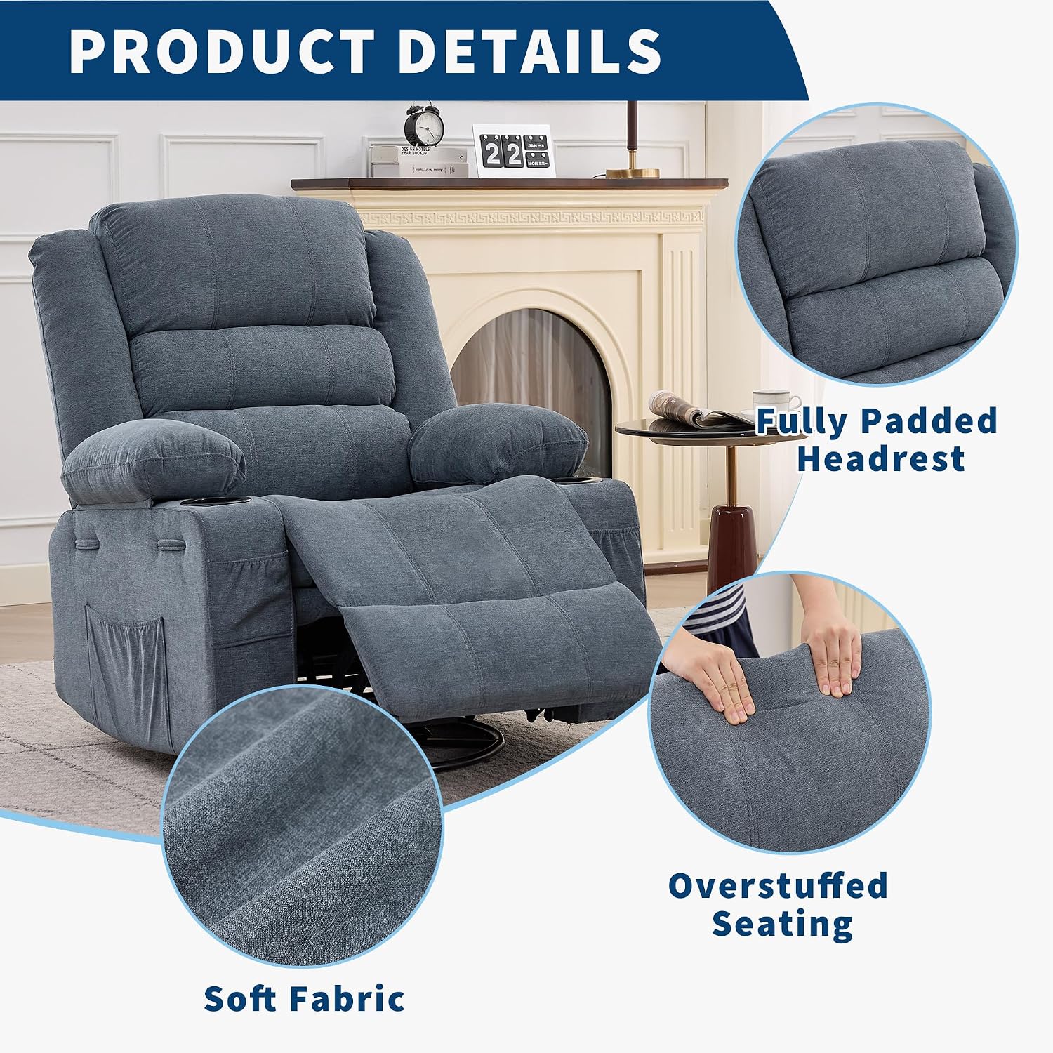 Garvee Rocking Recliner Chair Lazy boy Swivel Nursery Rocker for Adults | Wide 360° Recliner with Cup Holder Glider with Upholstered Deep Seat Linen Lazy boy chair for Living Room Blue
