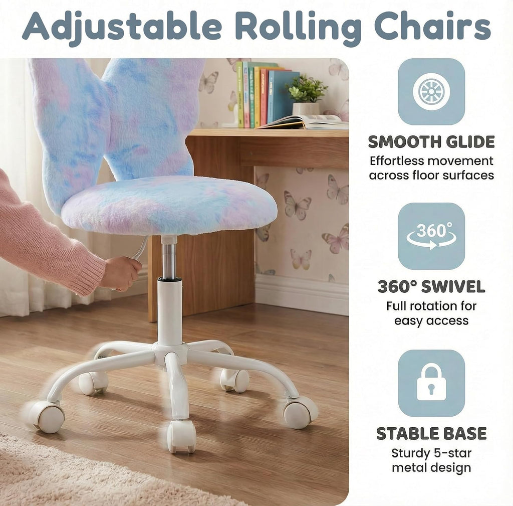 chairus Kids Desk Chair Butterfly Faux Fur Study Chair for Teenage Girls Adjustable Kids Vanity Chair for Bedroom Reading Living Room, Small Cute Student Task Chair with White Foot, Baby Blue