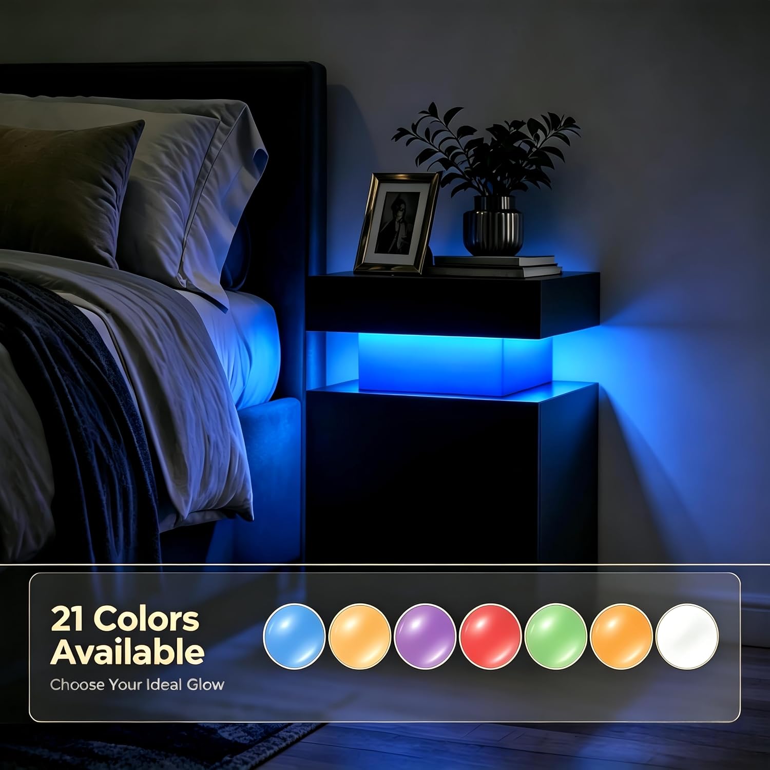 Black Nightstands Set of 2, LED End Table for Bedroom, Modern Bedside Table with Door One Storage Cabinet, Night Stand with Led Light