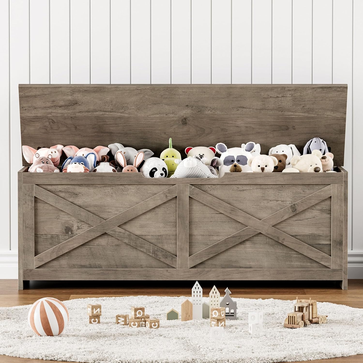 IDEALHOUSE 47.3" Storage Chest, Toy Chest for Kids, Wooden Large Toy Box, Storage Bench with Safety Hinge, Farmhouse Storage Trunk for Entryway, Living Room, Bedroom, Playroom,Washed Grey