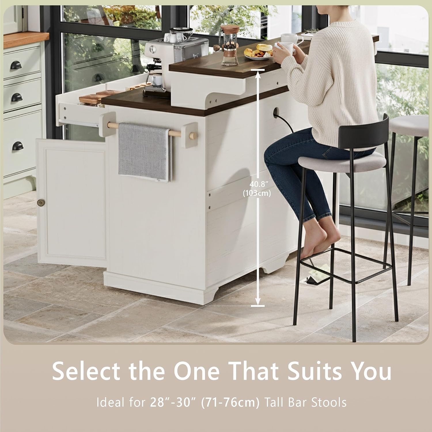 53.2" Two-Tier Kitchen Island with Power Outlet, Rustic White | Rolling Bar Cabinet with Storage, 4 Door Shelves, Adjustable Shelves, 3 Drawers for Kitchen