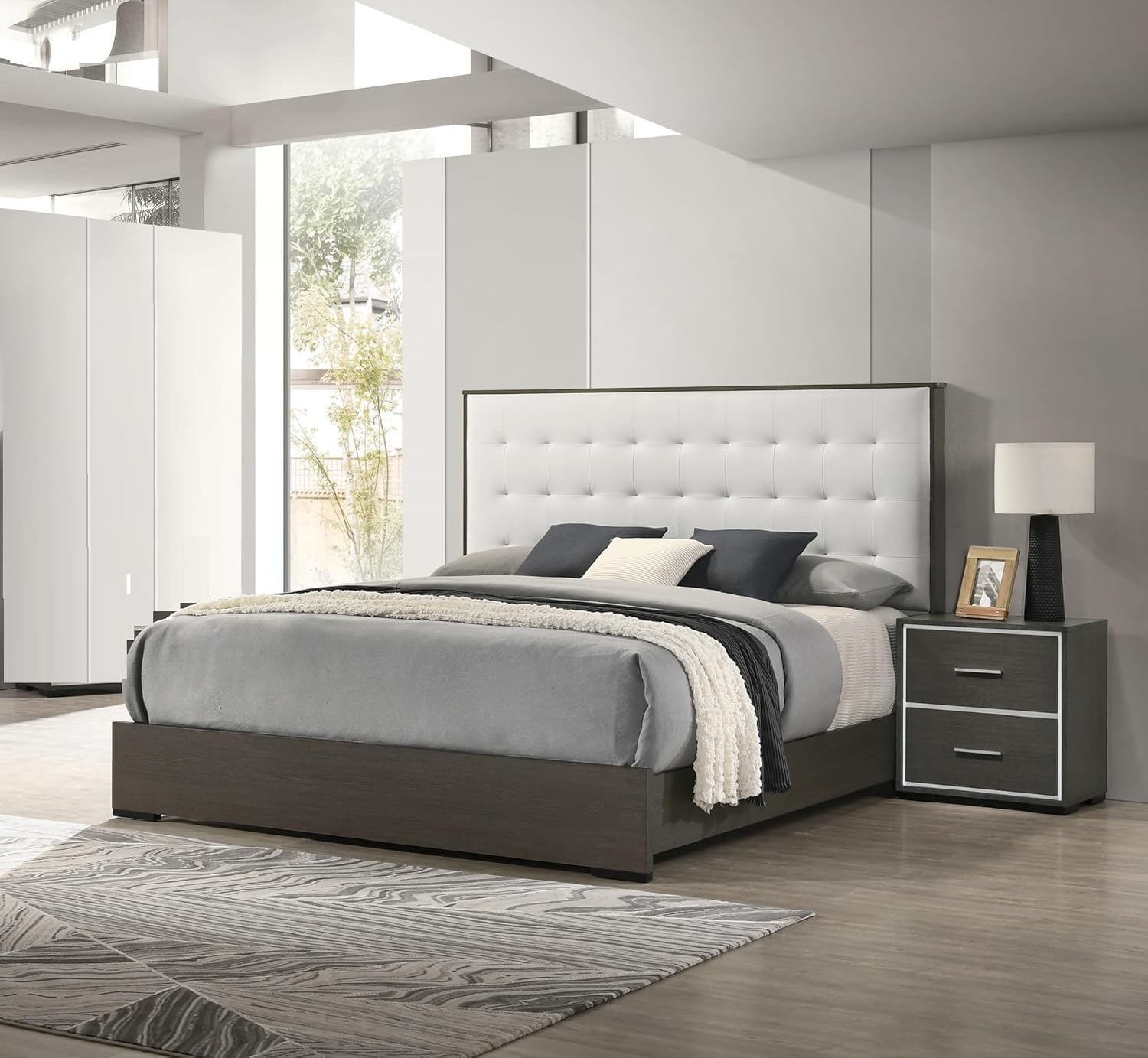1pc Contemporary Upholstered Twin Size Panel Youth Bed Button Tufted Headboard Wooden Bedroom Furniture White Cream Gray