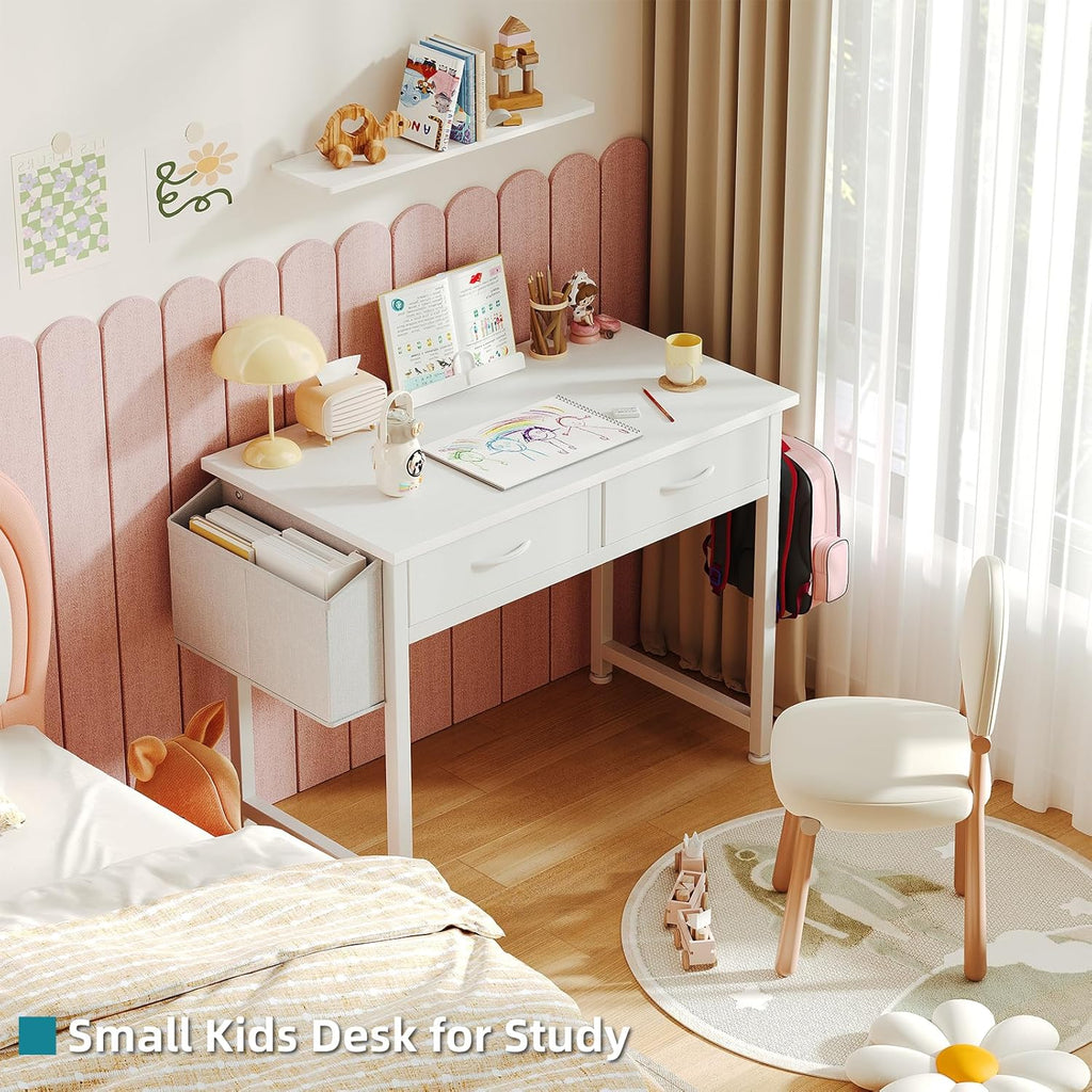CAIYUN Small White Desk with Fabric Drawers for Bedroom, 31 Inch Home Office Desk with Side Pocket and Hook for Small Space, Makeup Vanity Desks Kid’s Desks to Writing Made of Wood and Metal, White