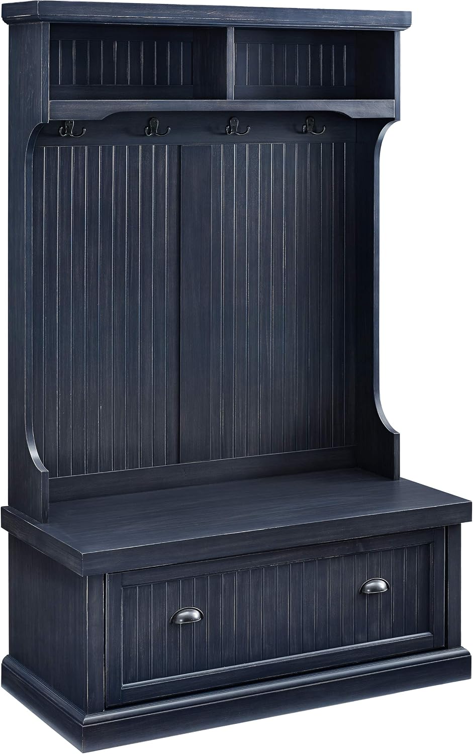 Crosley Seaside Hall Tree Entryway Bench Coat Rack Shoe Cabinet and Kitchen Pantry Cabinet Distressed Navy