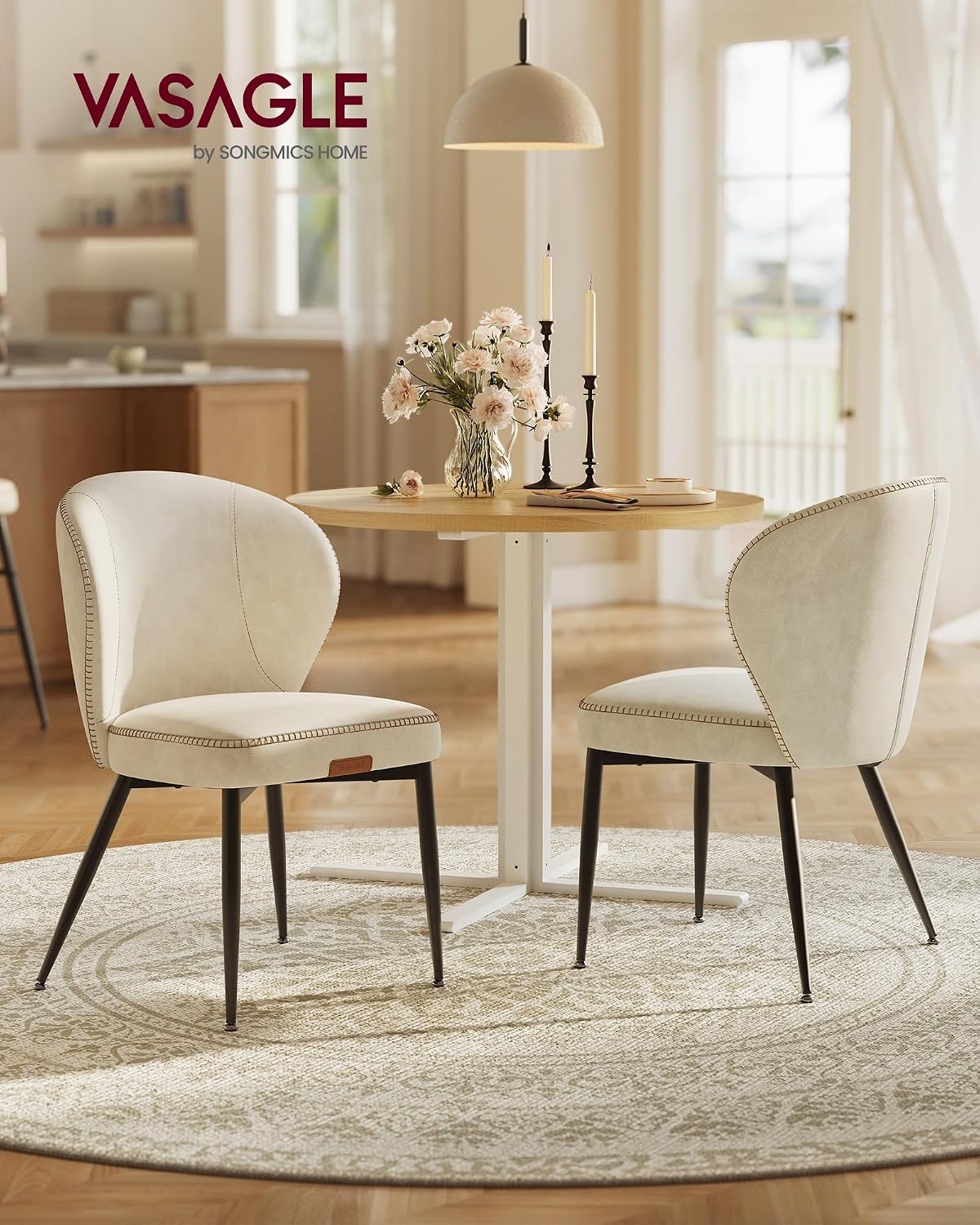 VASAGLE EKHO Collection - Dining Chairs Set of 2, Upholstered Kitchen Chairs, Comfortable Seat, Synthetic Leather with Stitching, Mid-Century Modern, Easy Assembly, Living Room Lounge, Cream White
