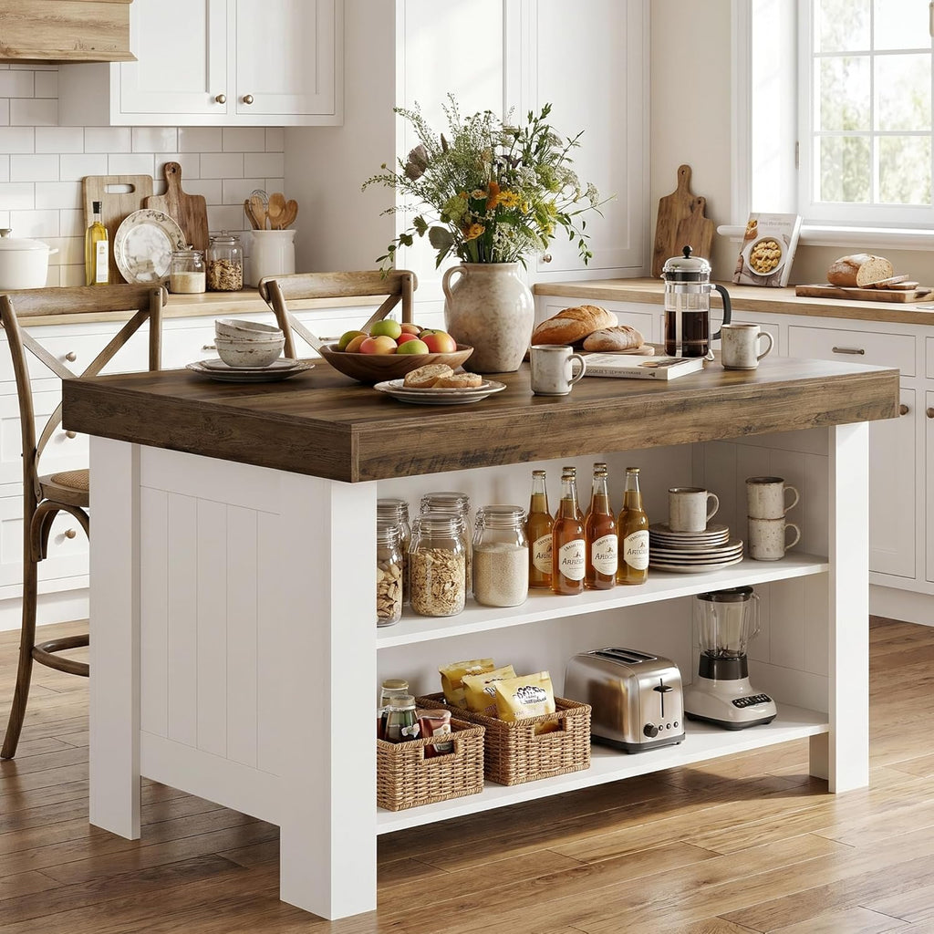 Tribesigns 55-Inch Kitchen Island with Seating and Storage, Farmhouse Wooden Stationary Island Table with Large Worktop & Leg Room, with Storage Shelves for Kitchen, Dining
