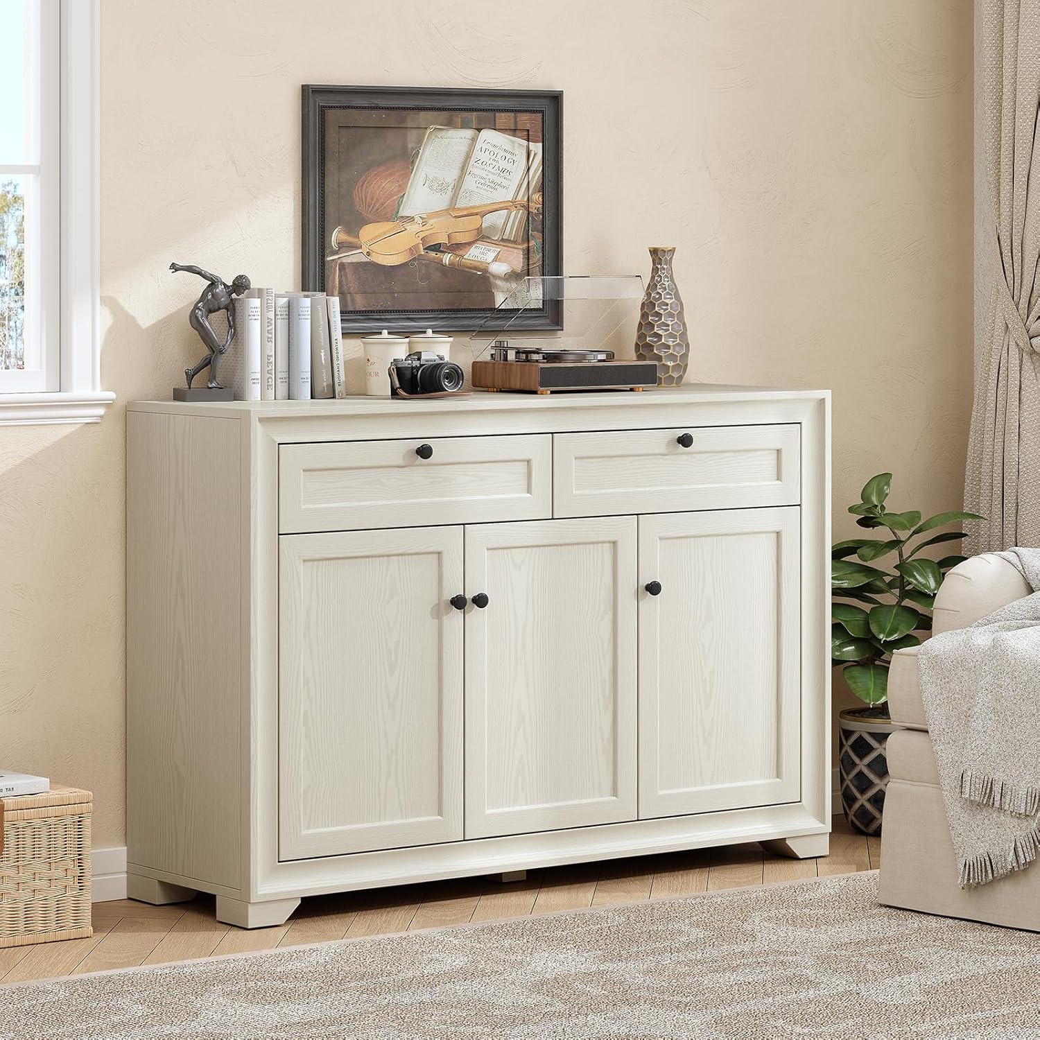 ONBRILL 48 Inches Sideboard Buffet Cabinet with Storage, Farmhouse Sideboard with 2 Drawers and 3 Doors, Wood Coffee Bar Cabinet with Adjustable Shelves for Living Room, Kitchen, Hallway, White
