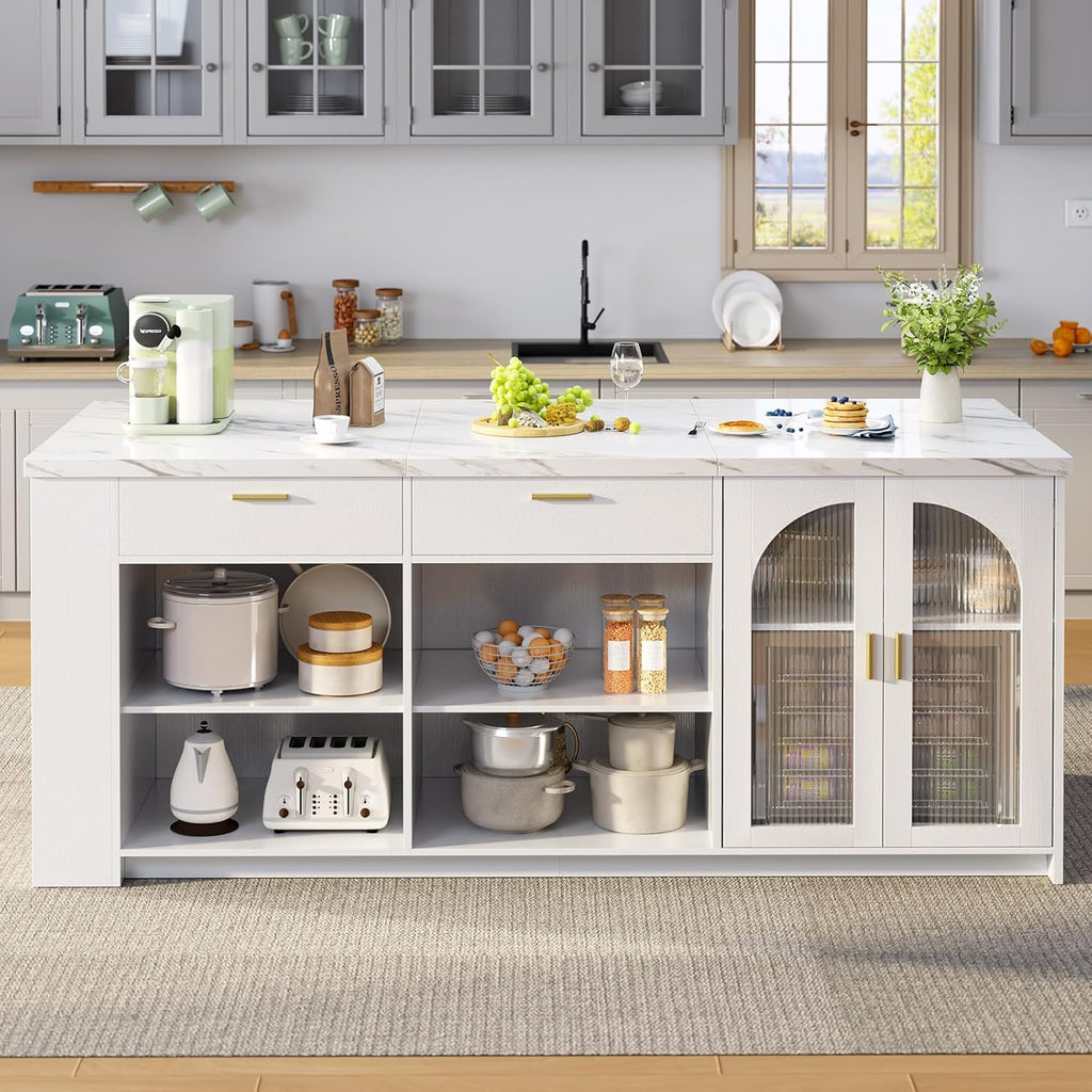 IBF 71" Modern Large Kitchen Island with Storage, White Faux Marble & White | Wood Island Table with Seating for 4, Stationary Island Cabinet with Drawers & Fridge Space, Counter Height Island Bar