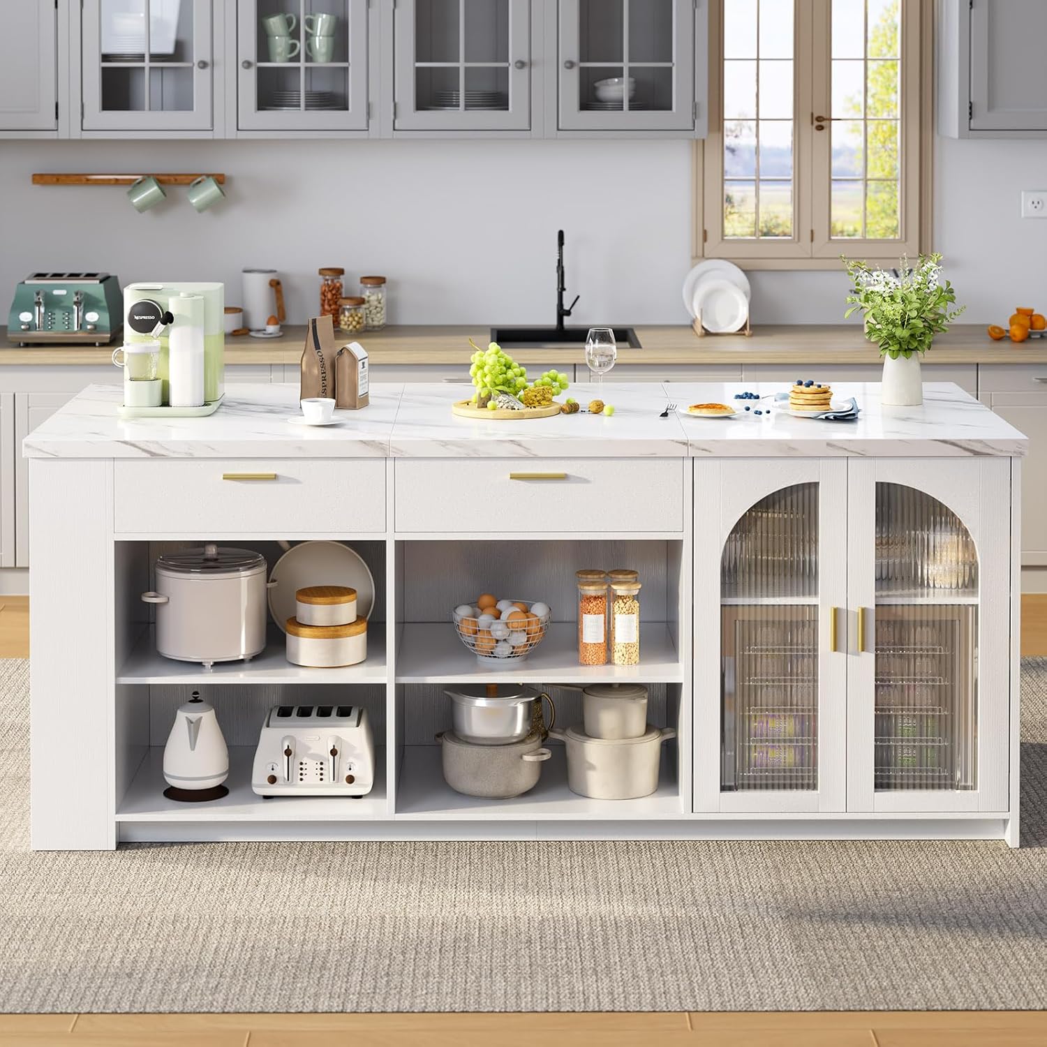 IBF 71" Modern Large Kitchen Island with Storage, White Faux Marble & White | Wood Island Table with Seating for 4, Stationary Island Cabinet with Drawers & Fridge Space, Counter Height Island Bar