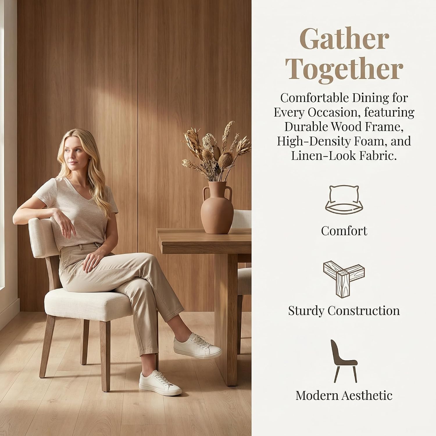 VESCASA Mid Century Modern Dining Chairs Set of 4, Upholstered Linen Dining Room Chairs with Ergonomic Curved Backrest, Solid Wood Legs, Kitchen Accent Chairs for Apartment, Farmhouse & Home, Beige