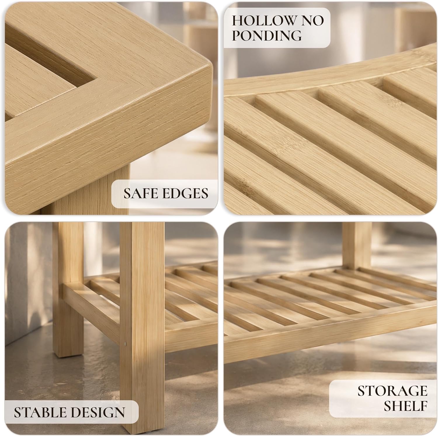Bamboo Stool – Natural Wood Finish, Eco-Friendly Small Bench for Bathroom, Bedroom, Entryway, or Spa – Durable, Lightweight & Stylish Seating or Step Stool