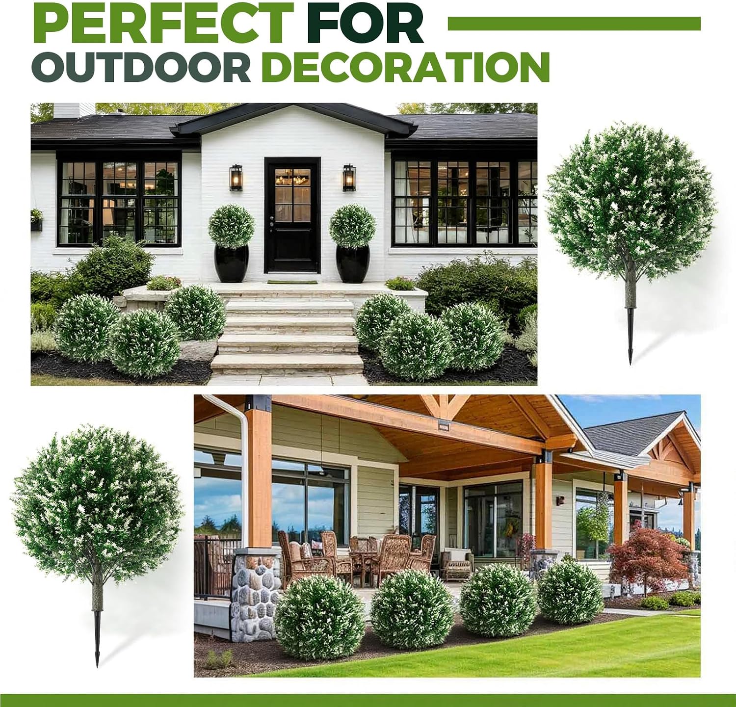 Lunmon Artificial Topiary Ball Trees Outdoor Set of 4, 24 Inch Faux Flower Topiary Bushes Plants with Ground Spikes, UV Resistant Artificial Shrubs for Porch Patio Garden Decor(Lavender,White)