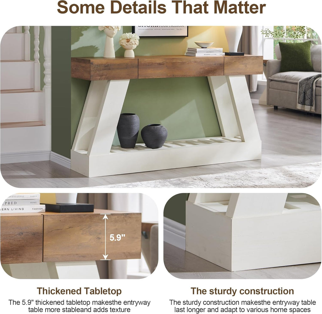 OKD 60" Farmhouse Entryway Table with Drawer, Console Table Behind Sofa, Narrow Long Entryway for Hallway, Living Room, Hallway, Behind Couch(Antique White)