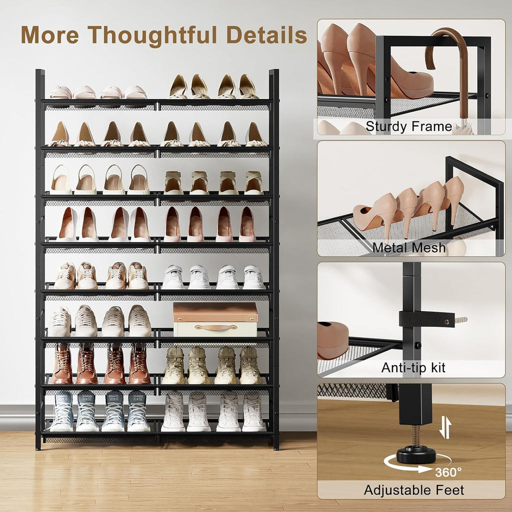 8 Tier Metal Shoe Rack, Tall Shoe Organizer Holds 32-40 Pairs, with Adjustable Flat or Angled Shelves, Shoe Storage Shelf for Closet, Entryway, Garage, Black