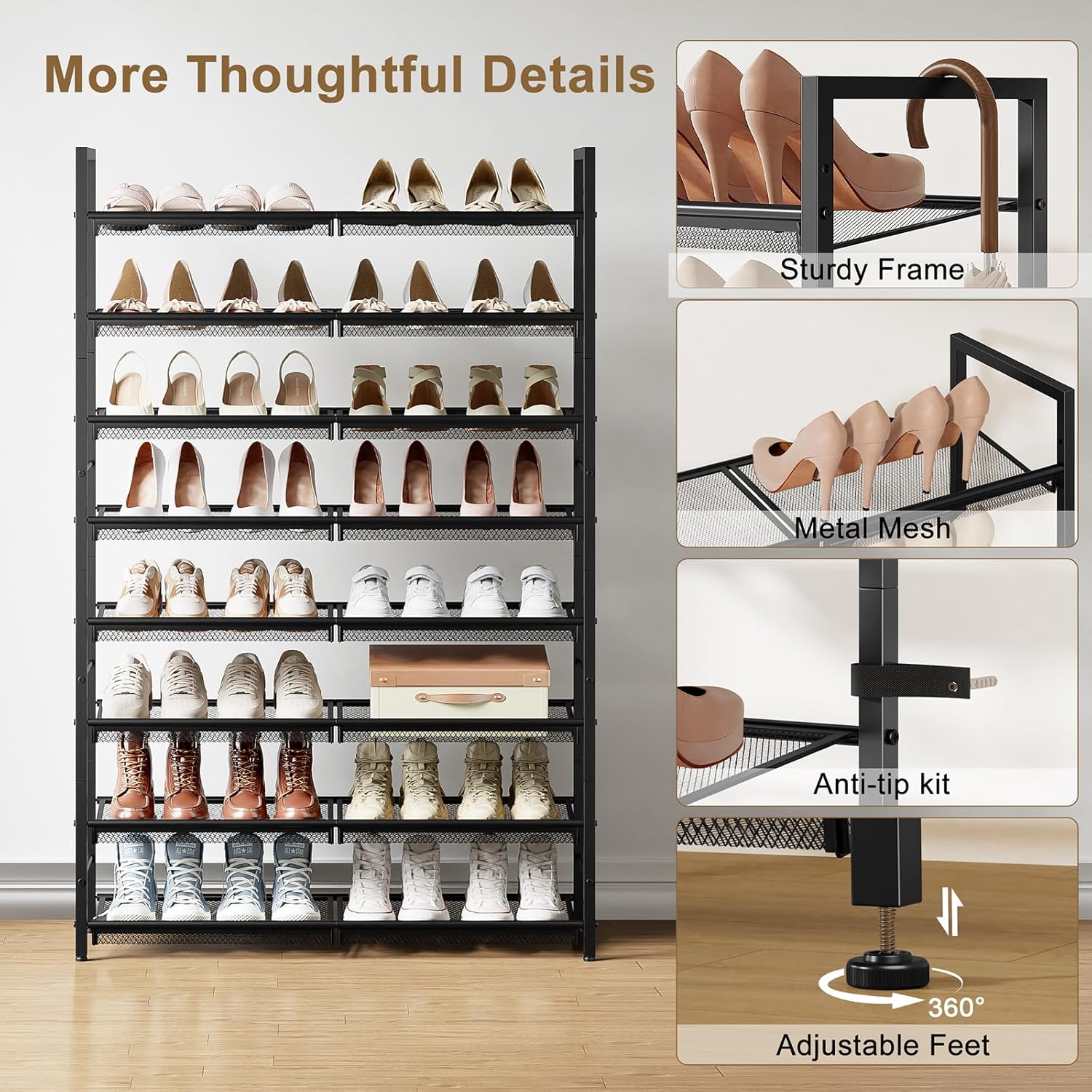 8 Tier Metal Shoe Rack, Tall Shoe Organizer Holds 32-40 Pairs, with Adjustable Flat or Angled Shelves, Shoe Storage Shelf for Closet, Entryway, Garage, Black